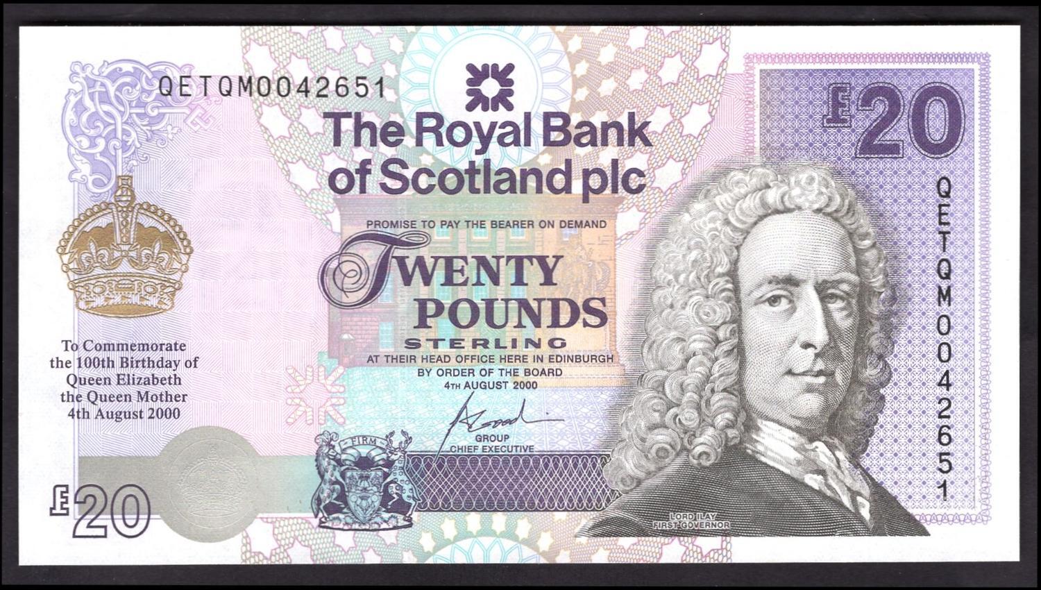2000 Queen Mother royal bank of scotland £20 pound banknote 100th birthday UNC 