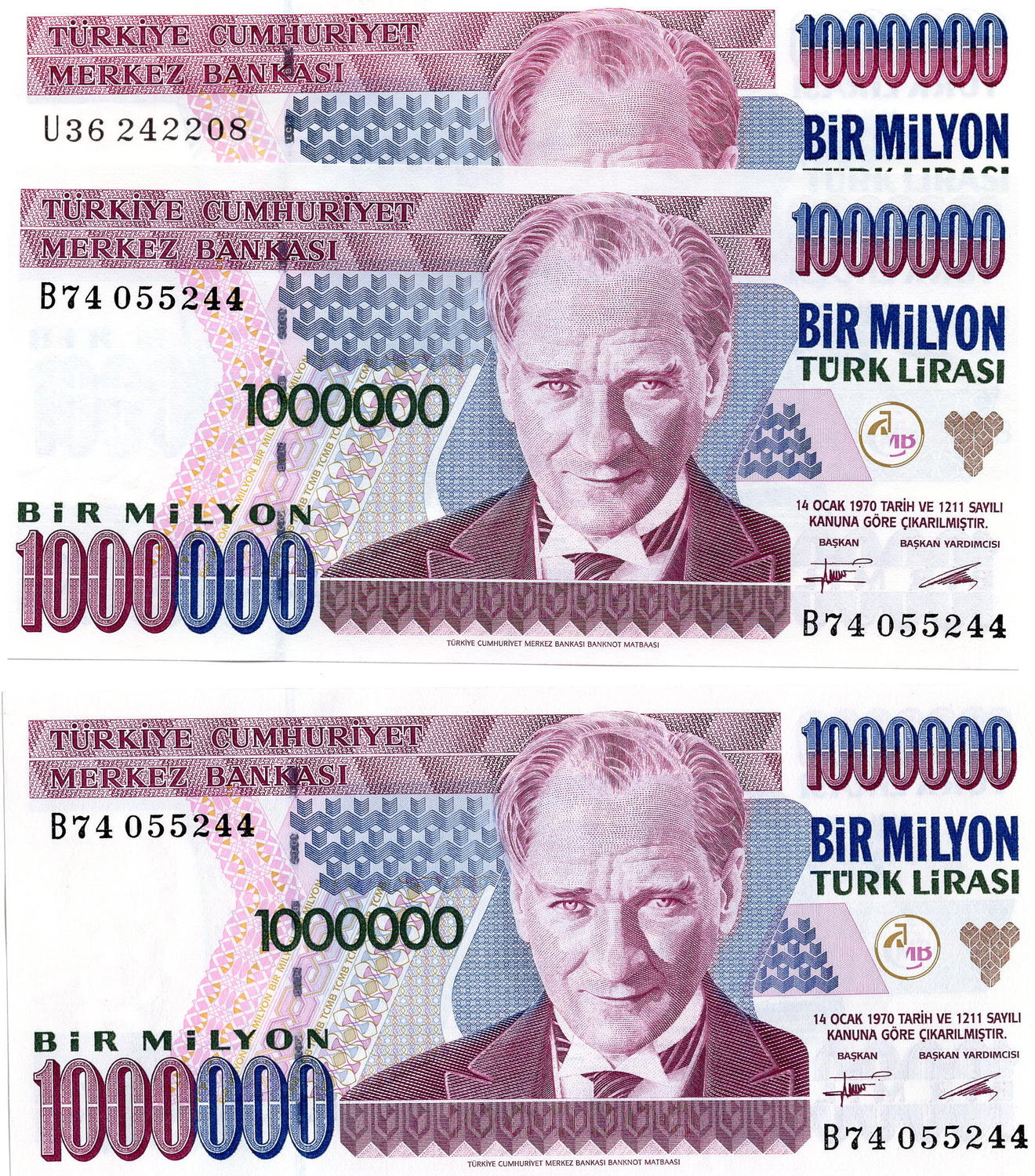 P-213 Banknotes UNC 2002 Turkey 1000000 1 Million Lira 1970 