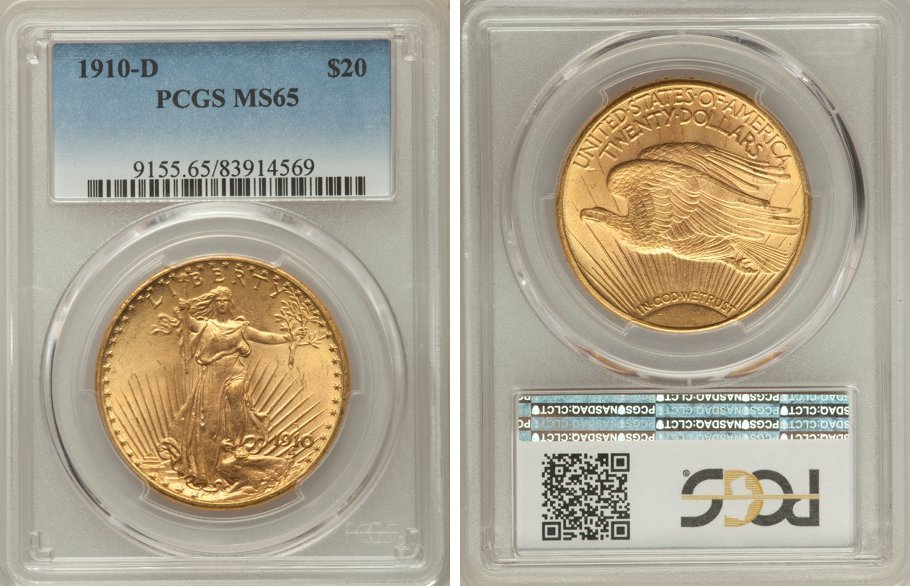 1914-D $20 St Choice BU Gaudens Gold Double Eagle PCGS Genuine 