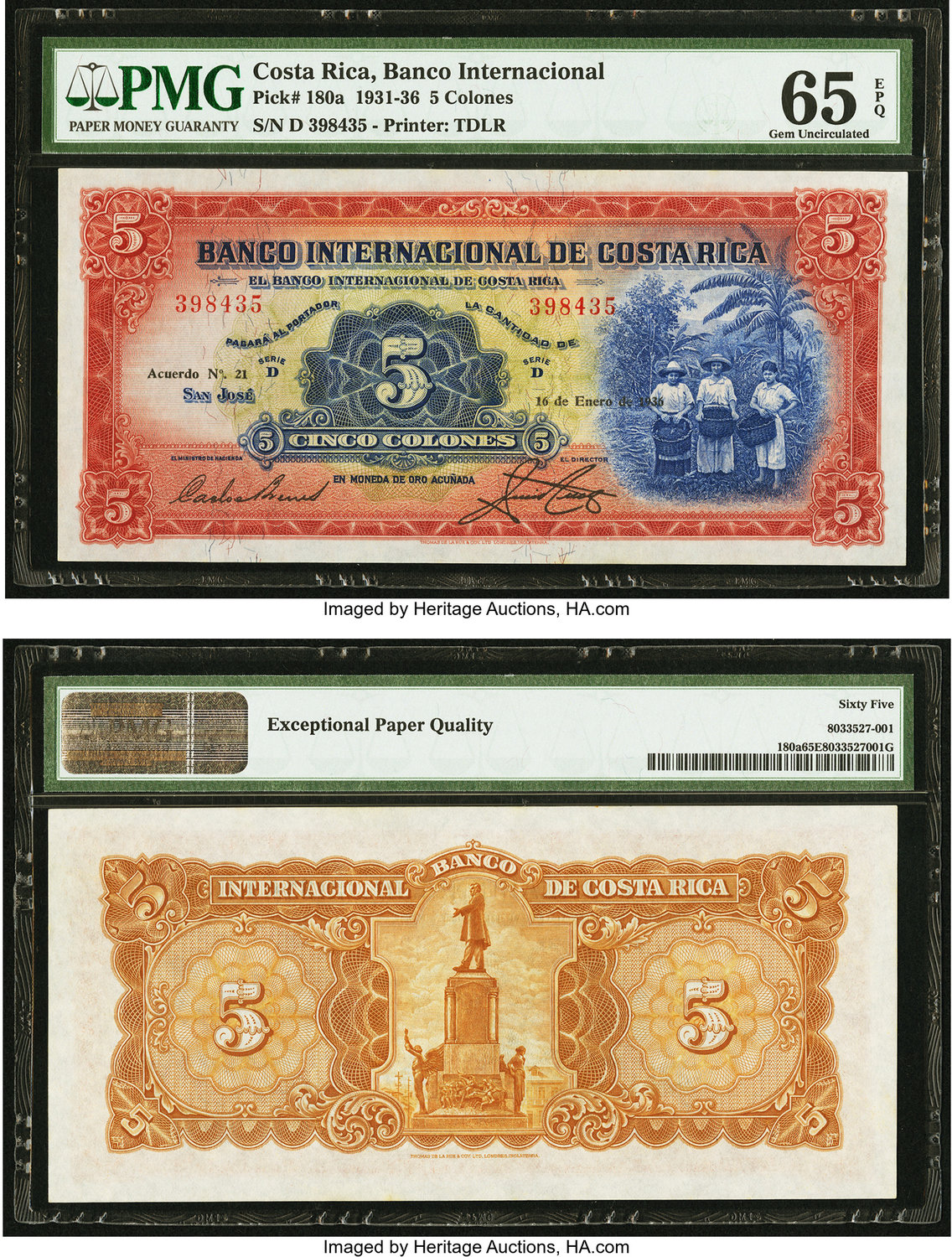 1983 5 Colones Costa Rica Pick-Nr: 236d bankfrisch Banknoten f/ür Sammler I