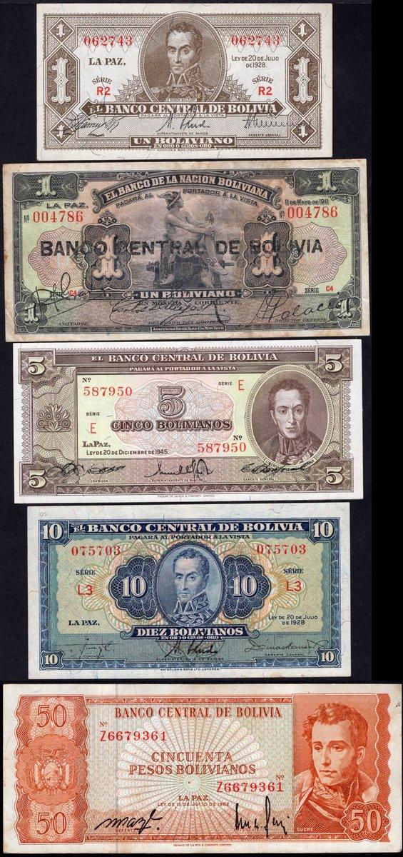 BOLIVIA South America Set of 3 pcs 1 5 10 Bolivianos AU+/UNC 1928 p-138 