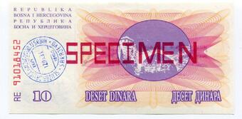 BOSNIA   10  DINARA 1992 P 133 Serie AA    Uncirculated Banknotes 