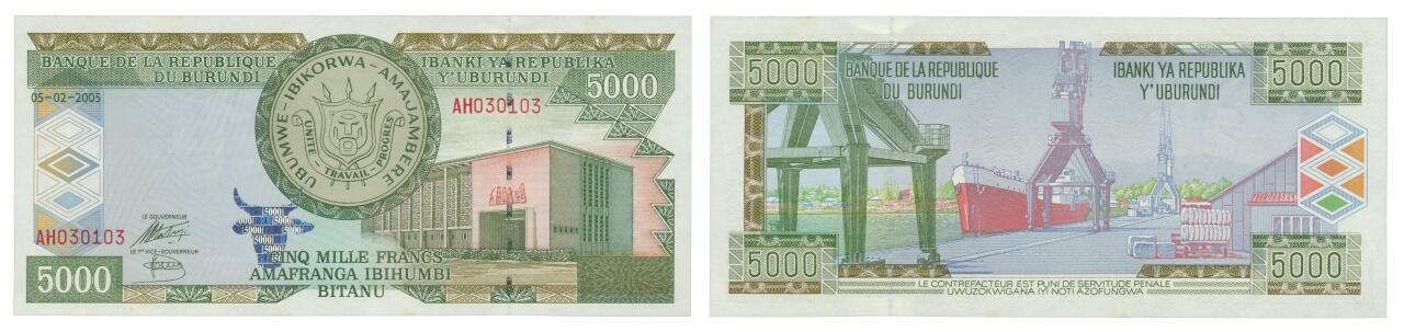 BURUNDI 5000 Francs Banknote P.42c UNC. 2005 