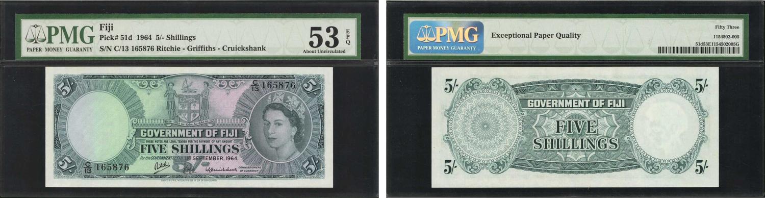 51 /51d UNC QEII Note RARE Fiji 5 Shillings 1964 P 