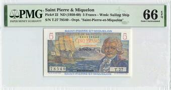 ND 5 Francs UNC Saint Pierre and Miquelon P-22 1950